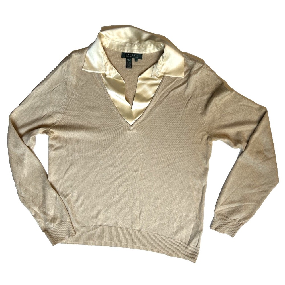 Y2K Vintage Ralph Lauren Silk Collard Cashmere Pullover Old Money Beige Size L